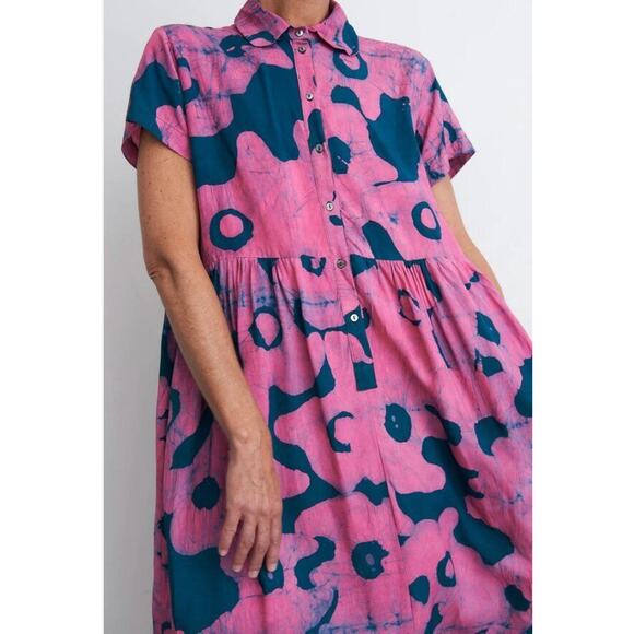 OSEI DURO Sz M Medium Imperium Dress Pool Party Pink Teal Midi Rayon - Picture 4 of 13